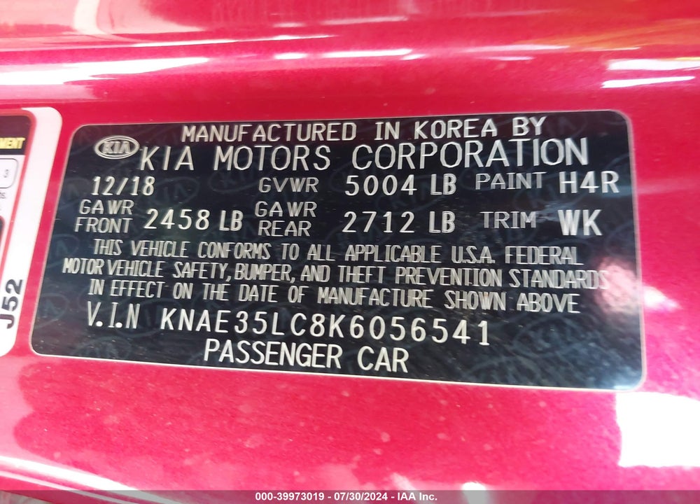 2019 KIA STINGER GT VIN: KNAE35LC8K6056541