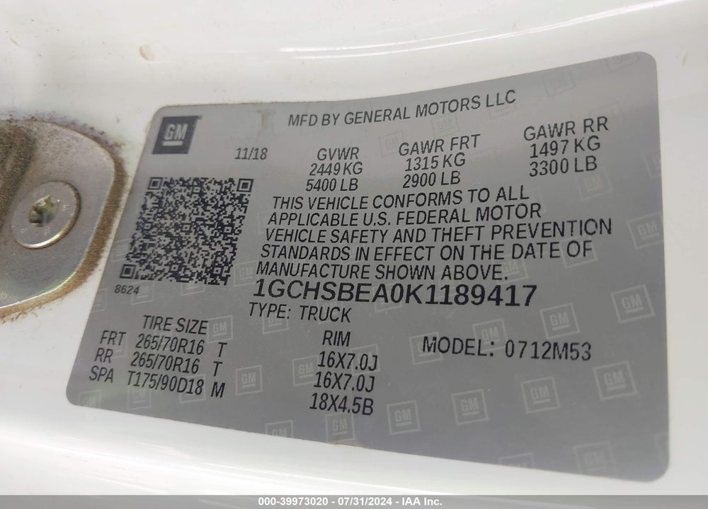 2019 CHEVROLET COLORADO WT VIN: 1GCHSBEA0K1189417