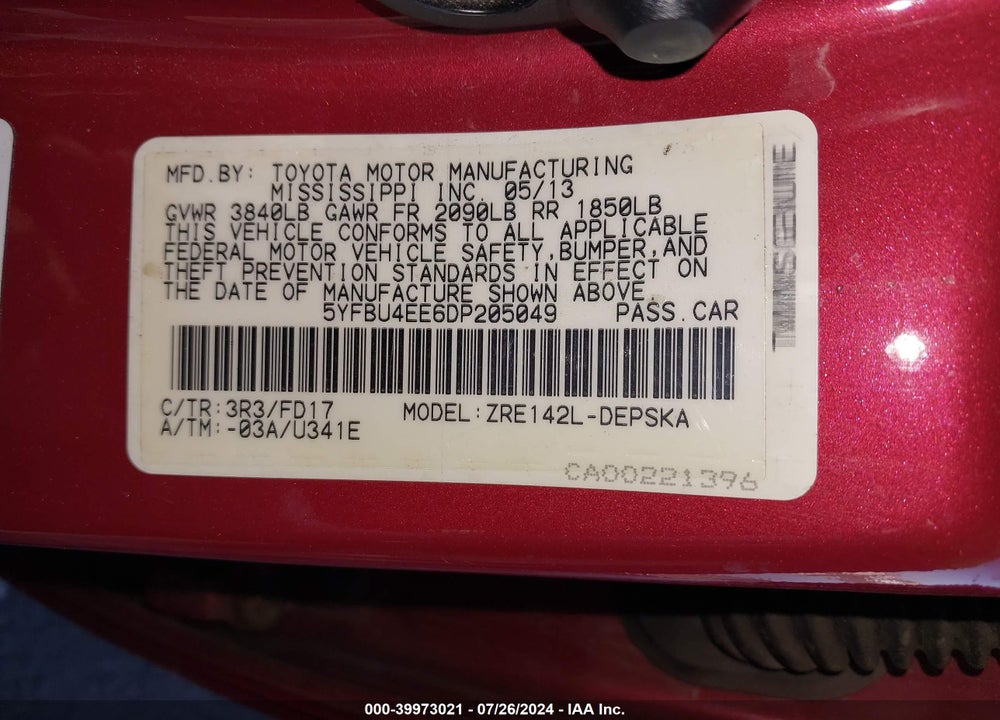 2013 TOYOTA COROLLA S VIN: 5YFBU4EE6DP205049