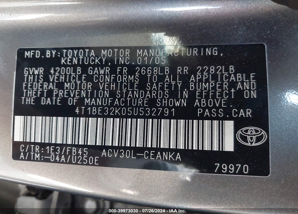 2005 TOYOTA CAMRY LE VIN: 4T1BE32K05U532791