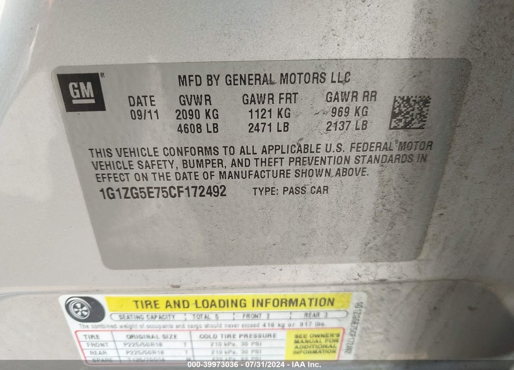 2012 CHEVROLET MALIBU 2LZ VIN: 1G1ZG5E75CF172492