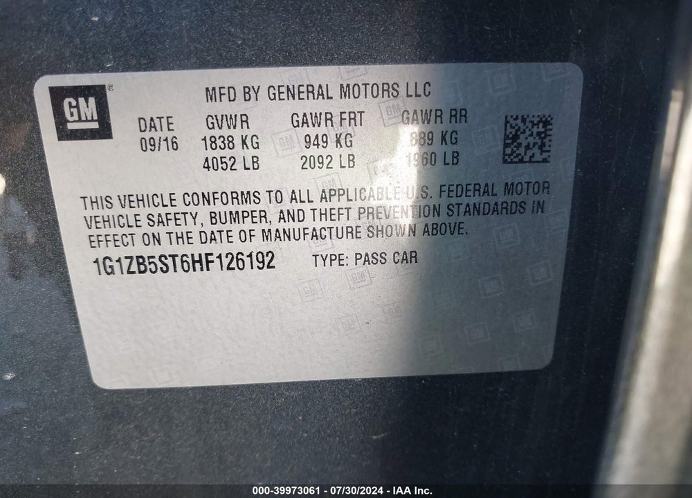 2017 CHEVROLET MALIBU LS VIN: 1G1ZB5ST6HF126192
