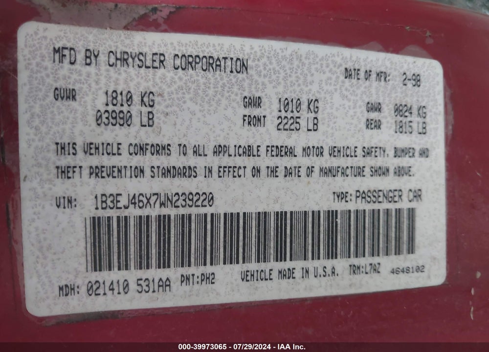 1998 DODGE STRATUS VIN: 1B3EJ46X7WN239220