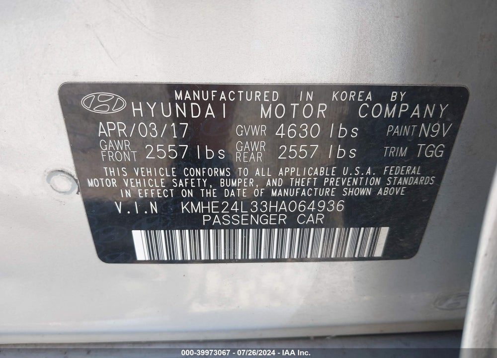 2017 HYUNDAI SONATA HYBRID SE VIN: KMHE24L33HA064936