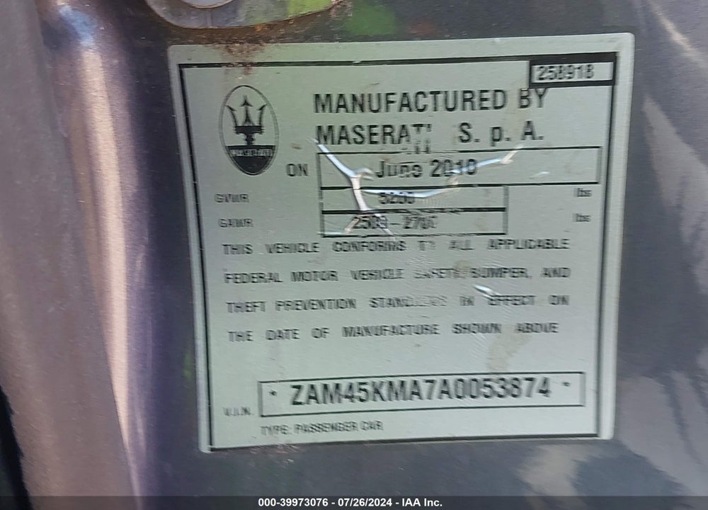 2010 MASERATI GRANTURISMO VIN: ZAM45KMA7A0053874