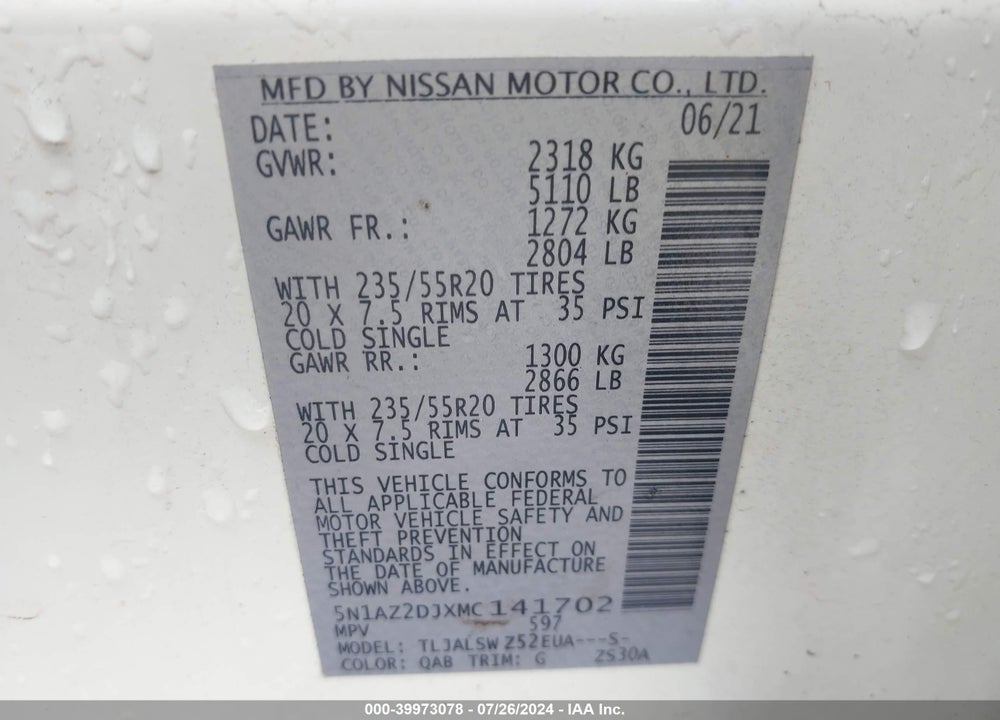 2021 NISSAN MURANO VIN: 5N1AZ2DJXMC141702