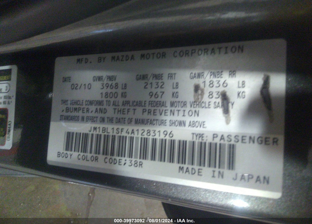 2010 MAZDA 3 I TOURING VIN: JM1BL1SF4A1283196