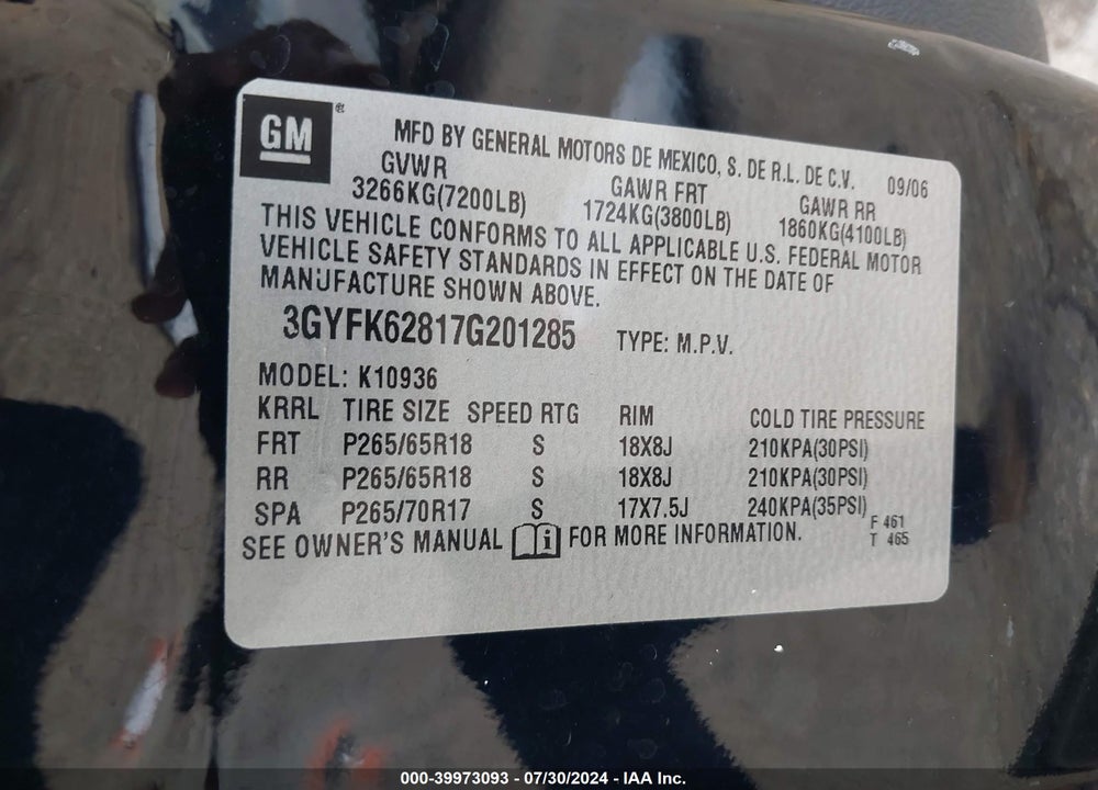 2007 CADILLAC ESCALADE EXT STANDARD VIN: 3GYFK62817G201285