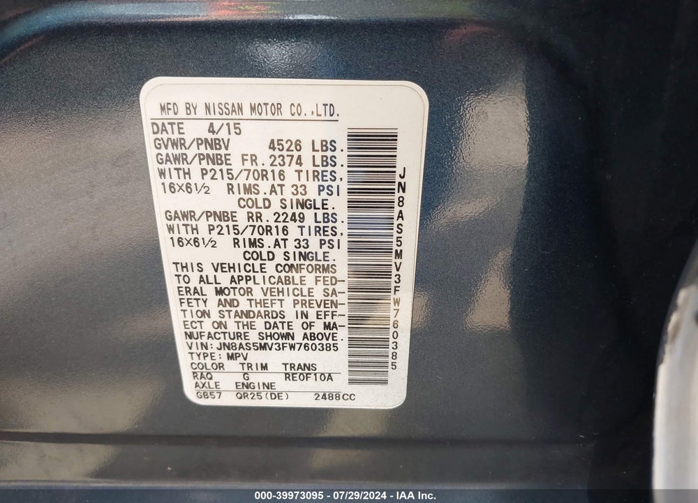 2015 NISSAN ROGUE SELECT S VIN: JN8AS5MV3FW760385