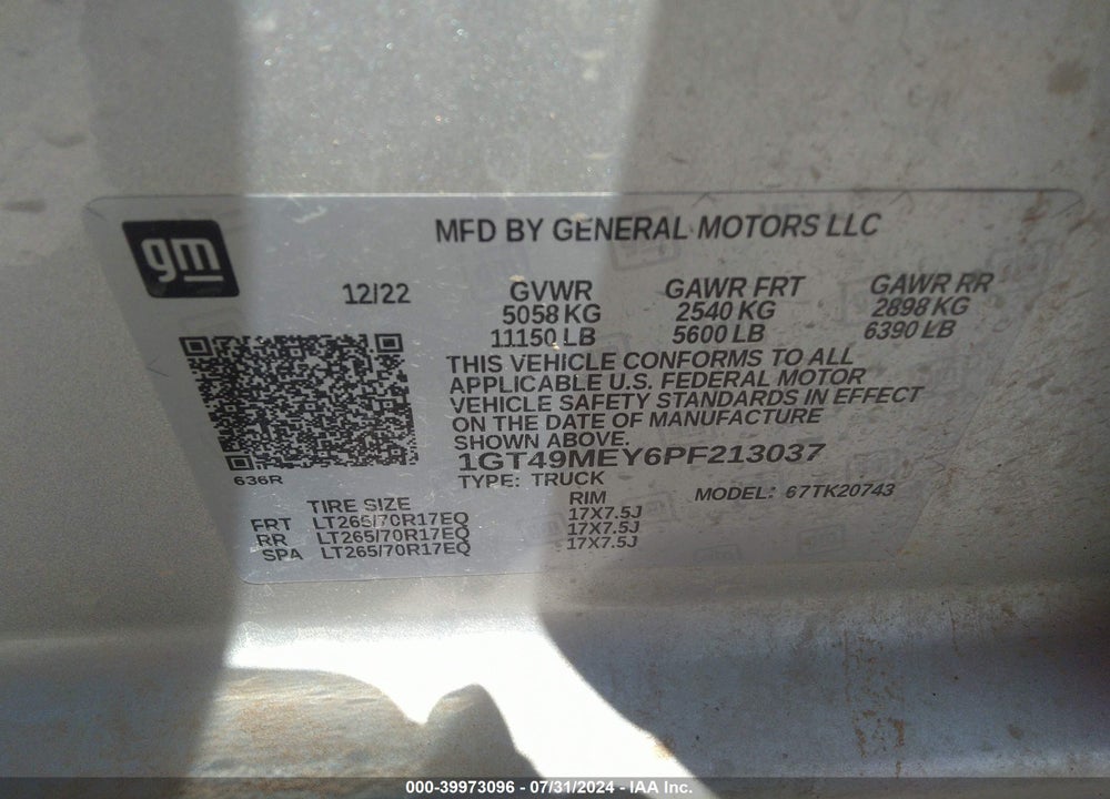 2023 GMC SIERRA 2500HD 4WD  STANDARD BED SLE VIN: 1GT49MEY6PF213037