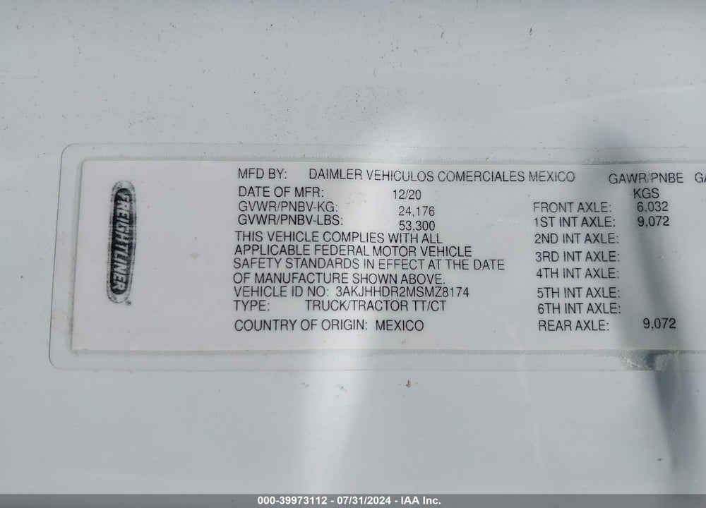 2021 FREIGHTLINER NEW CASCADIA 126 VIN: 3AKJHHDR2MSMZ8174