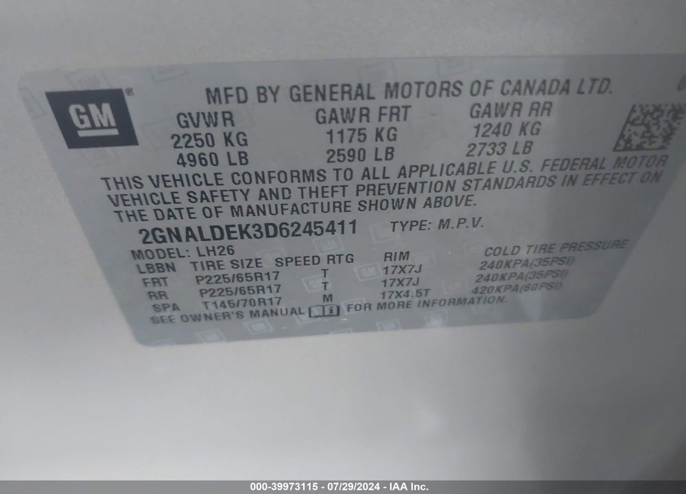 2013 CHEVROLET EQUINOX 1LT VIN: 2GNALDEK3D6245411