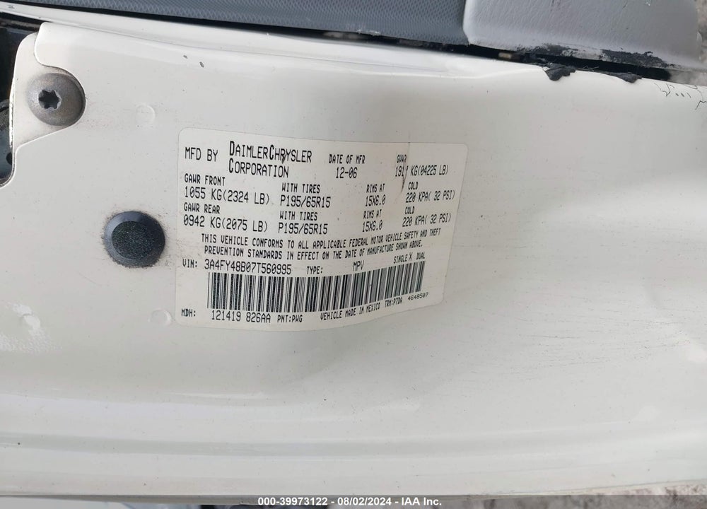 2007 CHRYSLER PT CRUISER VIN: 3A4FY48B07T560995
