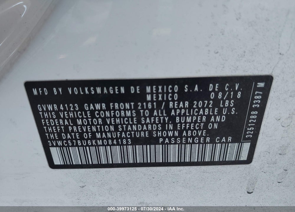 2019 VOLKSWAGEN JETTA 1.4T R-LINE/1.4T S/1.4T SE VIN: 3VWC57BU6KM084183
