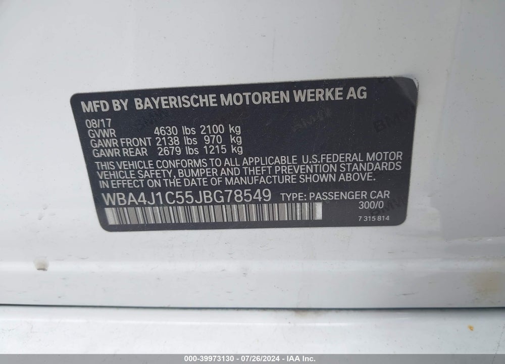 2018 BMW 430I GRAN COUPE VIN: WBA4J1C55JBG78549