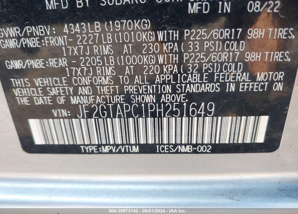 2023 SUBARU CROSSTREK PREMIUM VIN: JF2GTAPC1PH251649