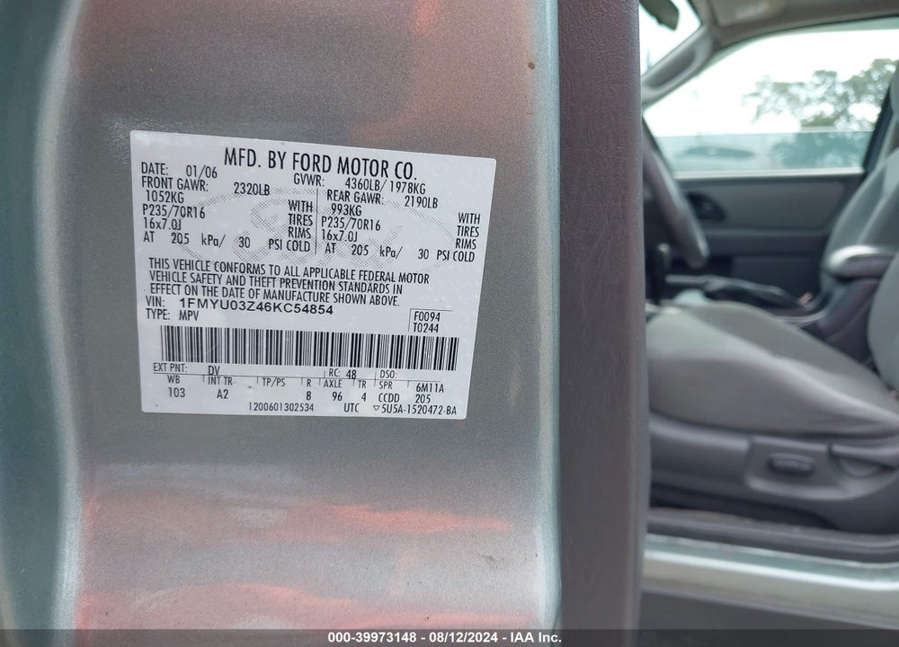 2006 FORD ESCAPE XLT VIN: 1FMYU03Z46KC54854