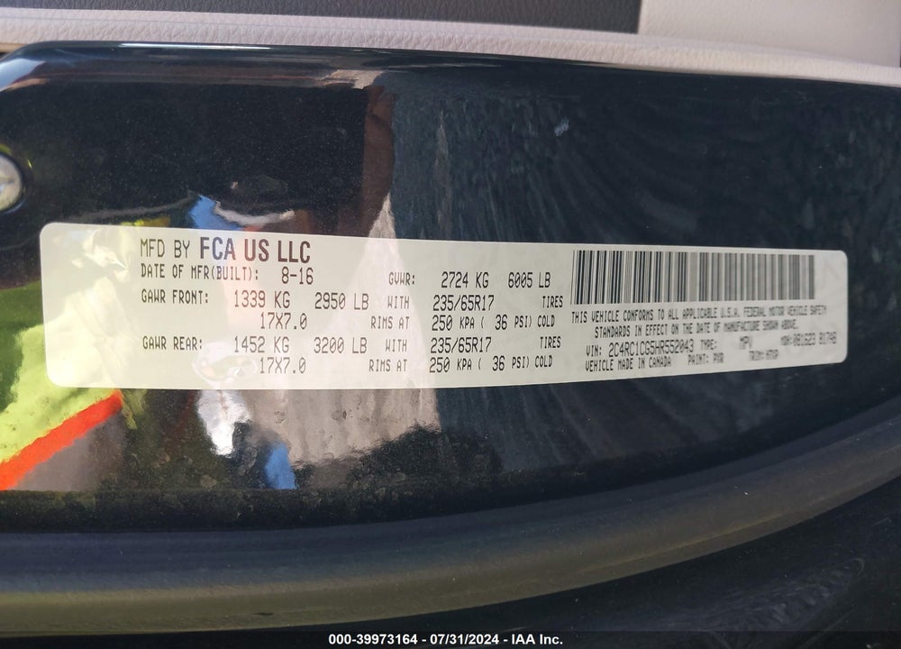 2017 CHRYSLER PACIFICA LX VIN: 2C4RC1CG5HR552043