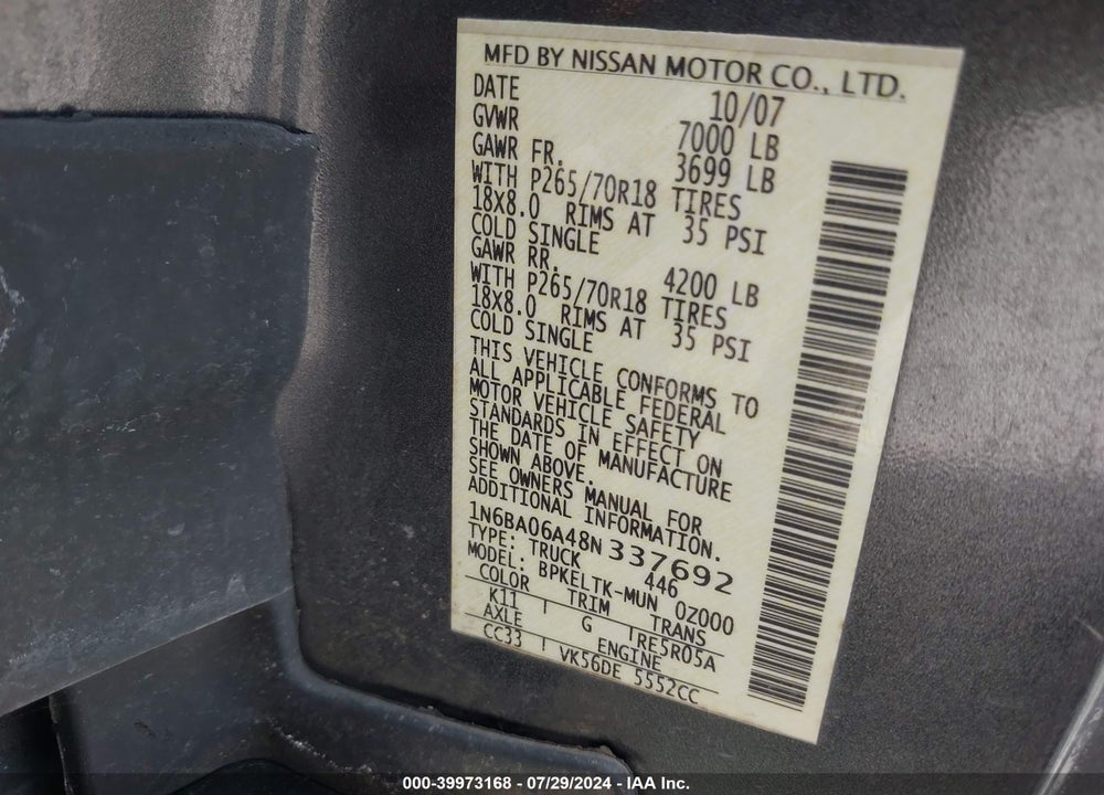 2008 NISSAN TITAN LE/SE VIN: 1N6BA06A48N337692
