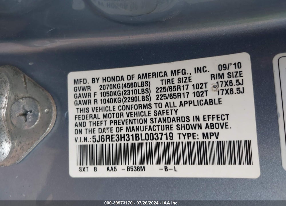 2011 HONDA CR-V LX VIN: 5J6RE3H31BL003719