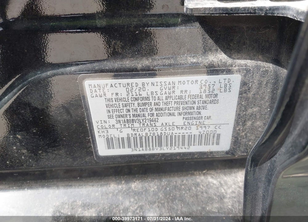 2020 NISSAN SENTRA S XTRONIC CVT VIN: 3N1AB8BV3LY219442