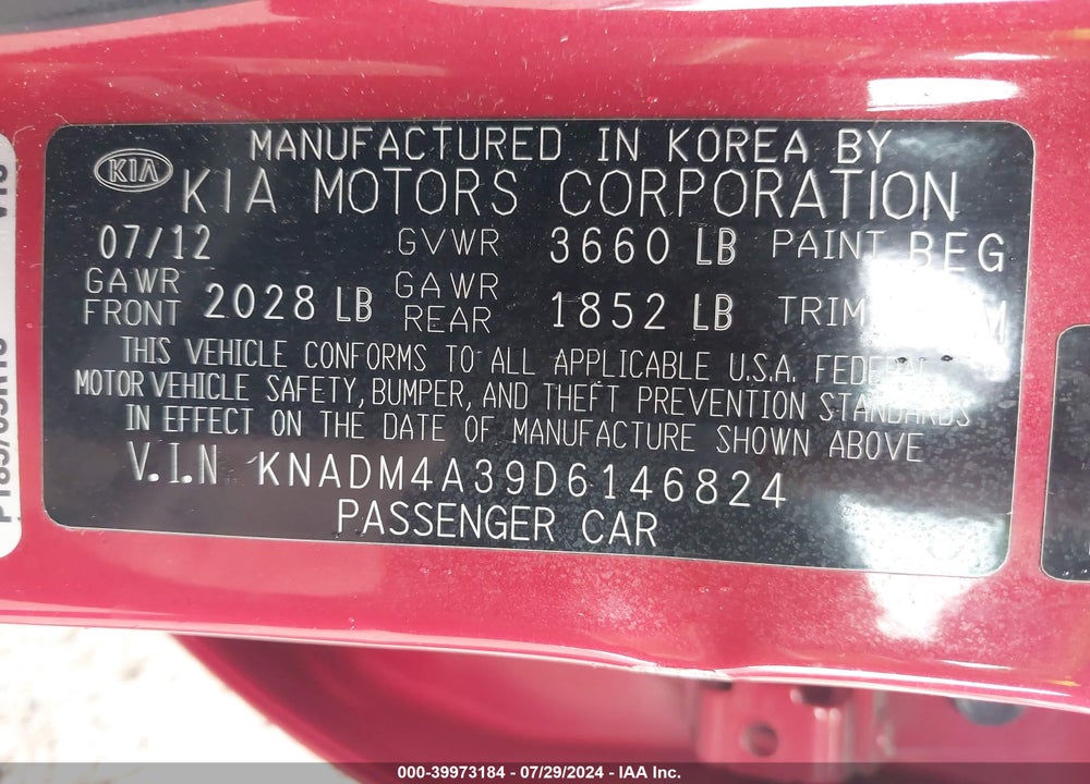 2013 KIA RIO LX VIN: KNADM4A39D6146824