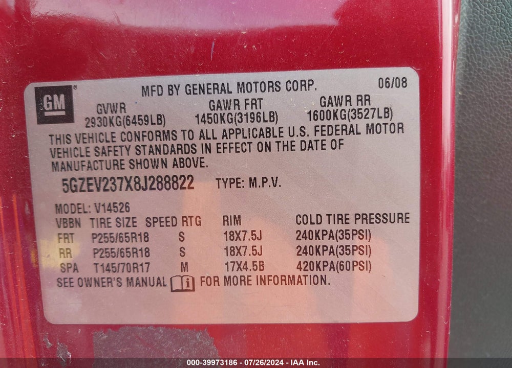 2008 SATURN OUTLOOK XR VIN: 5GZEV237X8J288822