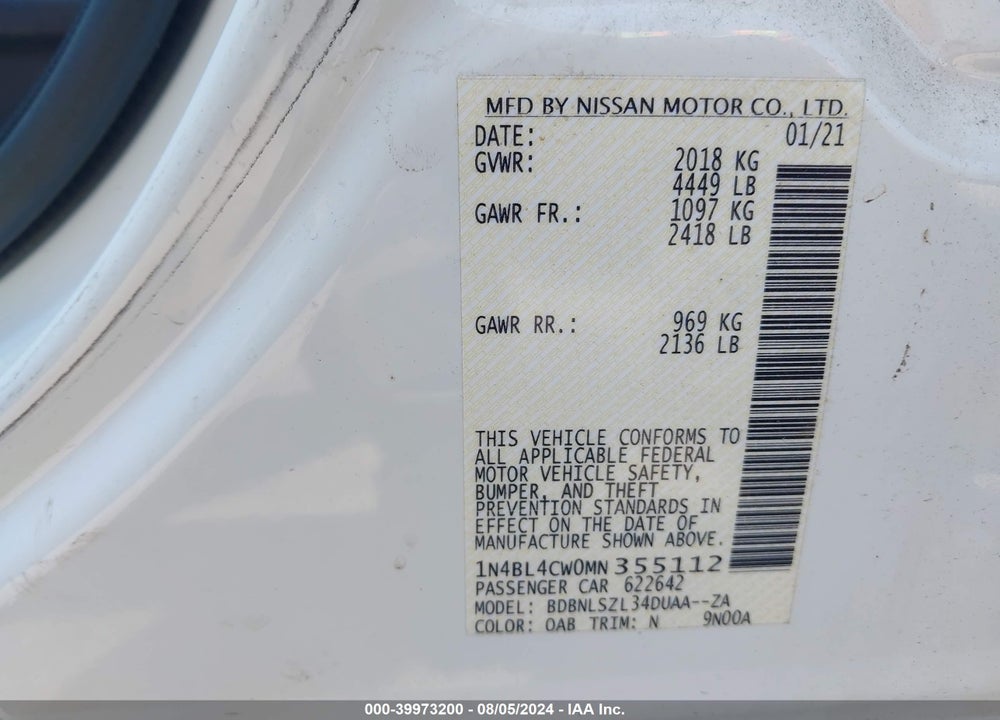 2021 NISSAN ALTIMA SR INTELLIGENT AWD VIN: 1N4BL4CW0MN355112