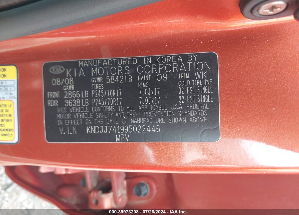 2009 KIA BORREGO EX V6 VIN: KNDJJ741995022446