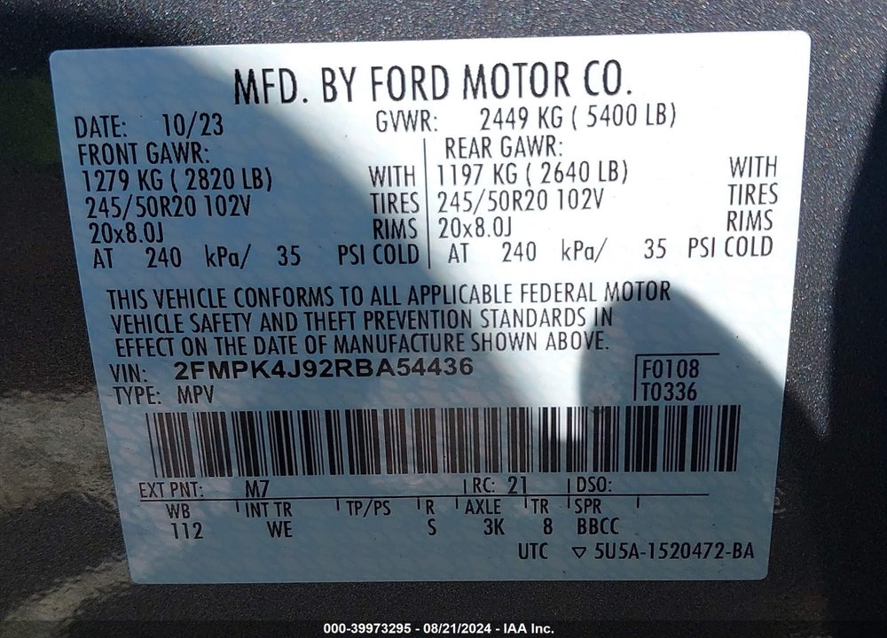 2024 FORD EDGE ST-LINE VIN: 2FMPK4J92RBA54436