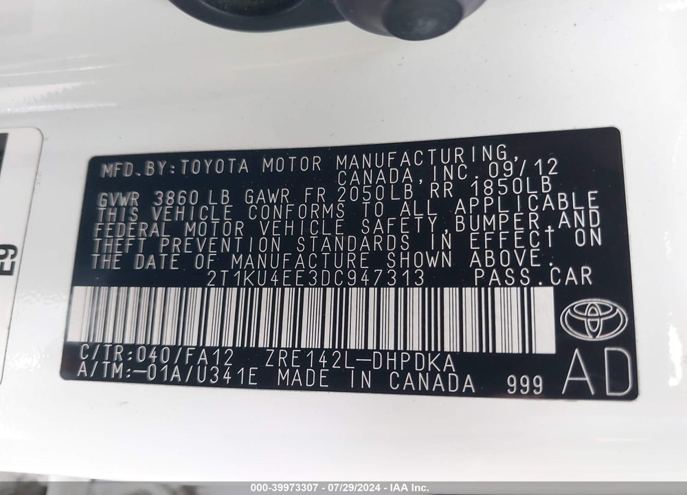 2013 TOYOTA MATRIX L VIN: 2T1KU4EE3DC947313