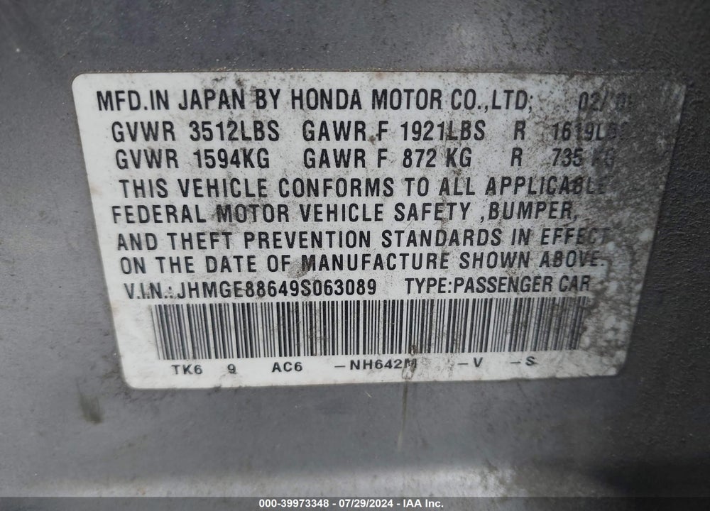 2009 HONDA FIT SPORT VIN: JHMGE88649S063089