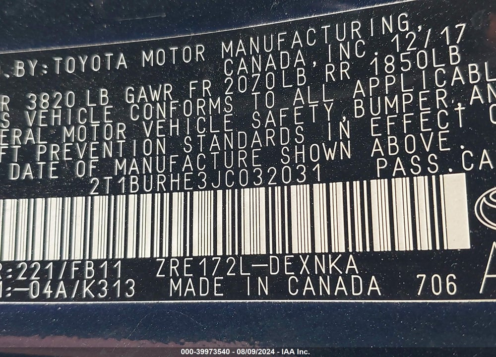2018 TOYOTA COROLLA LE VIN: 2T1BURHE3JC032031