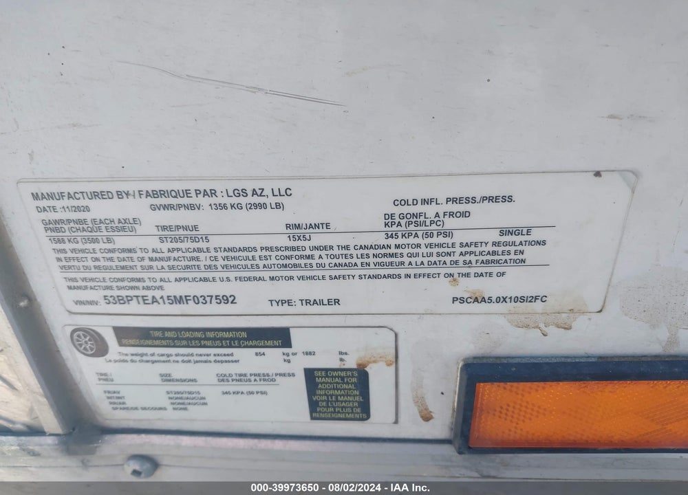 2021 PACE CARGO TRAILER VIN: 53BPTEA15MF037592