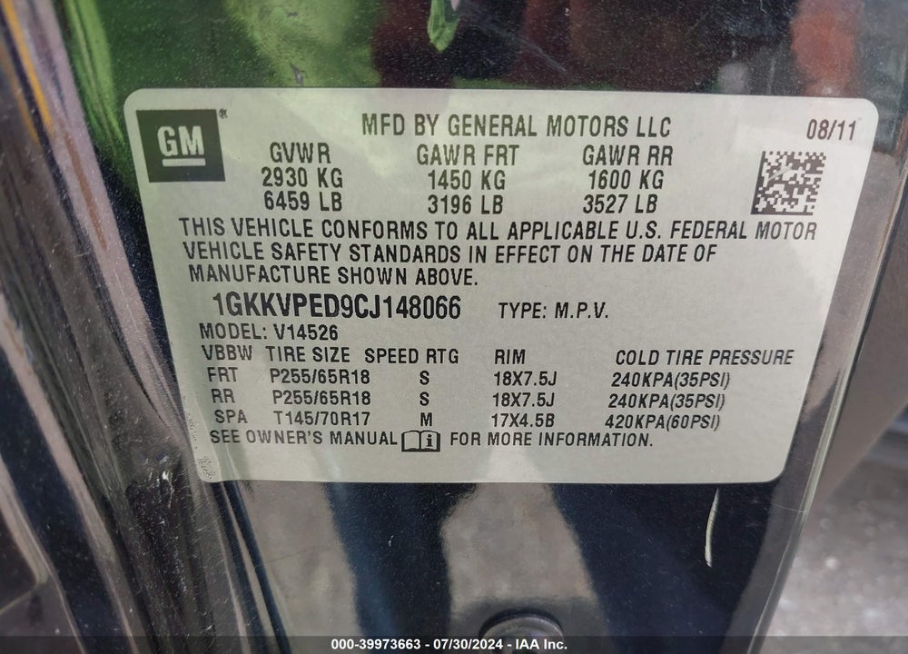 2012 GMC ACADIA SLE VIN: 1GKKVPED9CJ148066