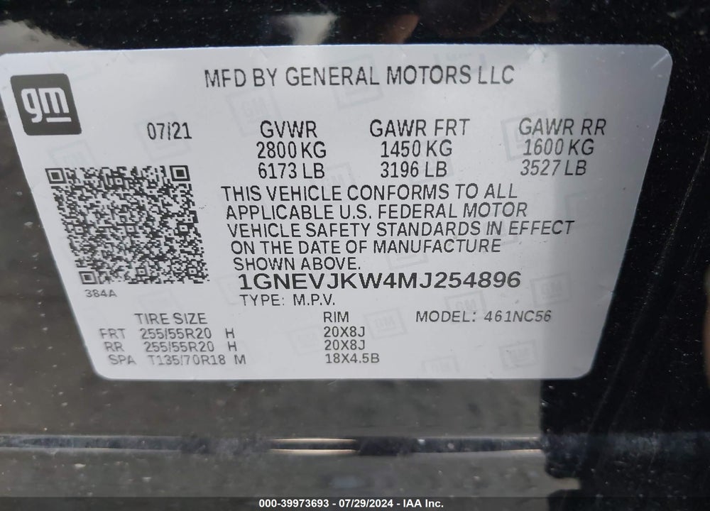 2021 CHEVROLET TRAVERSE AWD RS VIN: 1GNEVJKW4MJ254896