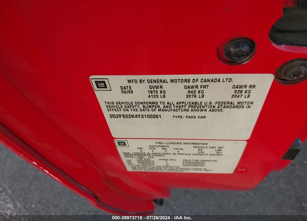 2000 PONTIAC FIREBIRD VIN: 2G2FS22K4Y2100261