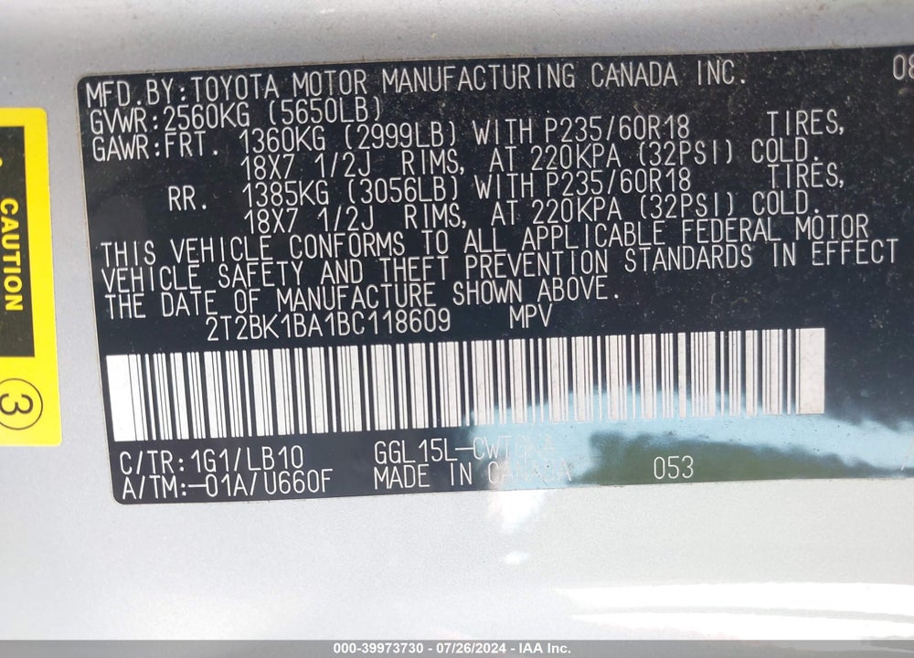 2011 LEXUS RX 350 VIN: 2T2BK1BA1BC118609
