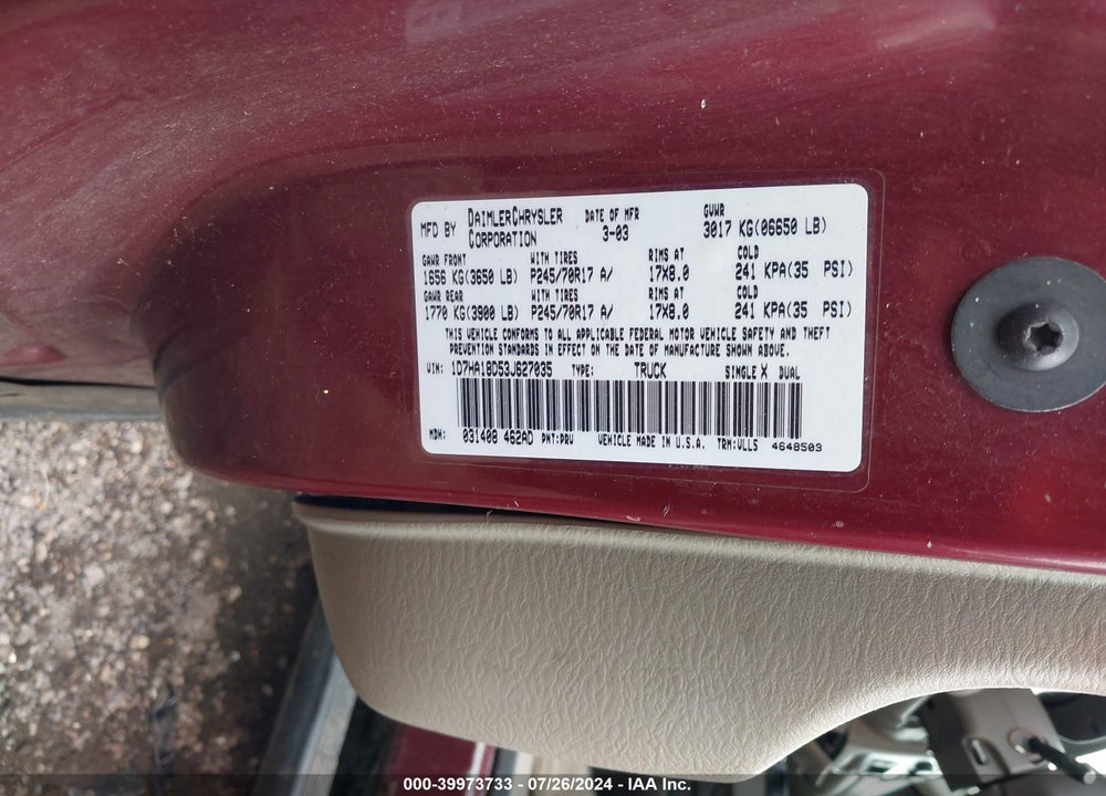 2003 DODGE RAM 1500 SLT/LARAMIE/ST VIN: 1D7HA18D53J627035