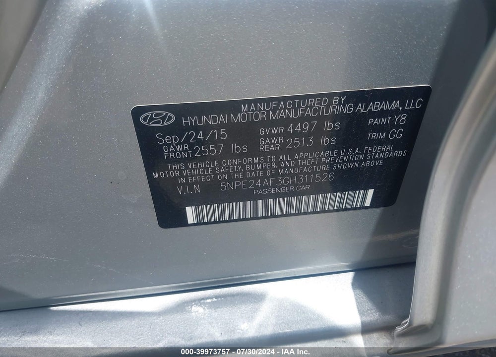 2016 HYUNDAI SONATA SE VIN: 5NPE24AF3GH311526