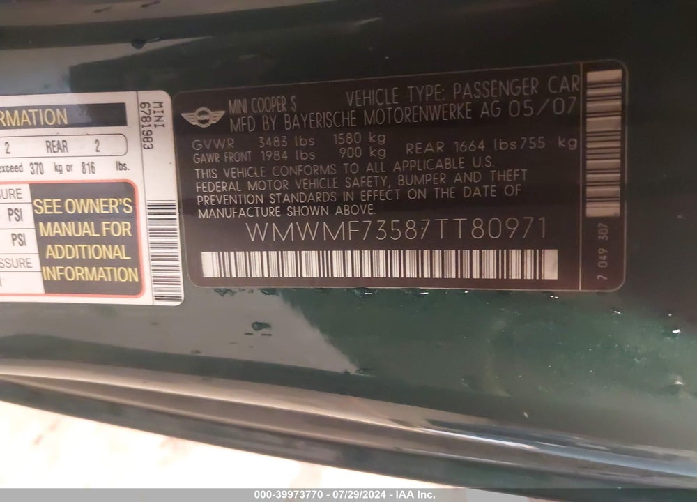 2007 MINI COOPER S VIN: WMWMF73587TT80971