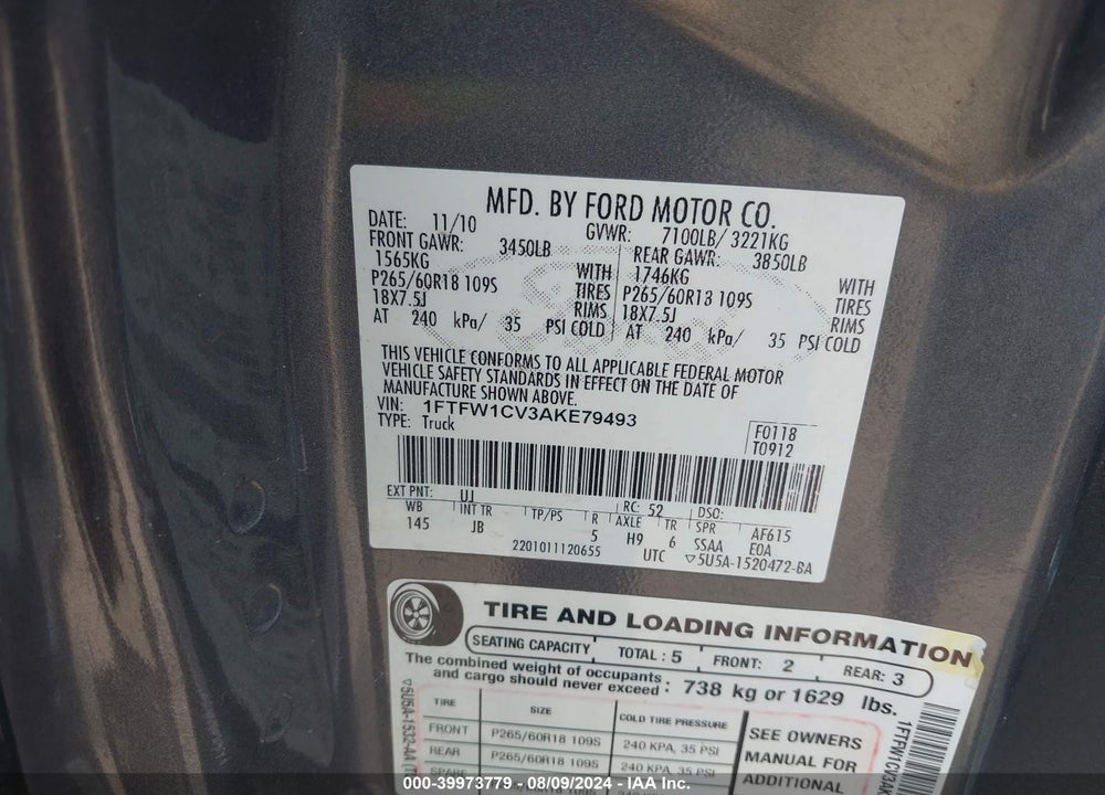 2010 FORD F-150 VIN: 1FTFW1CV3AKE79493