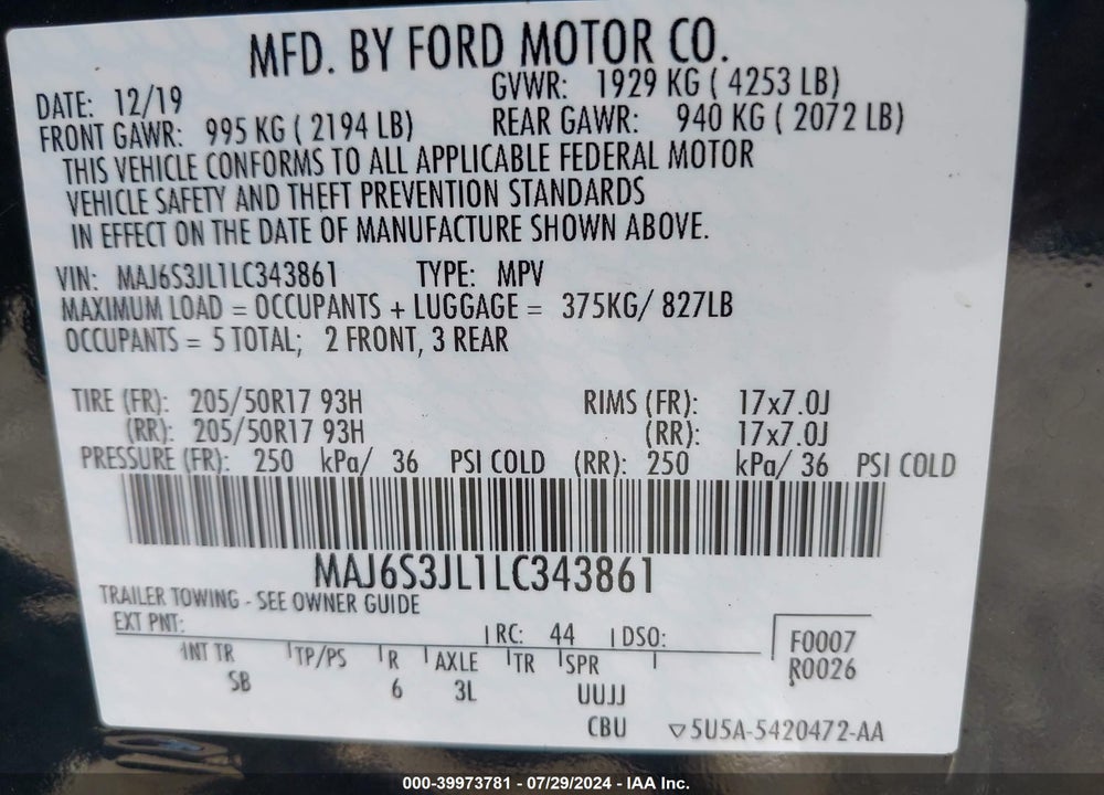 2020 FORD ECOSPORT VIN: MAJ6S3JL1LC343861