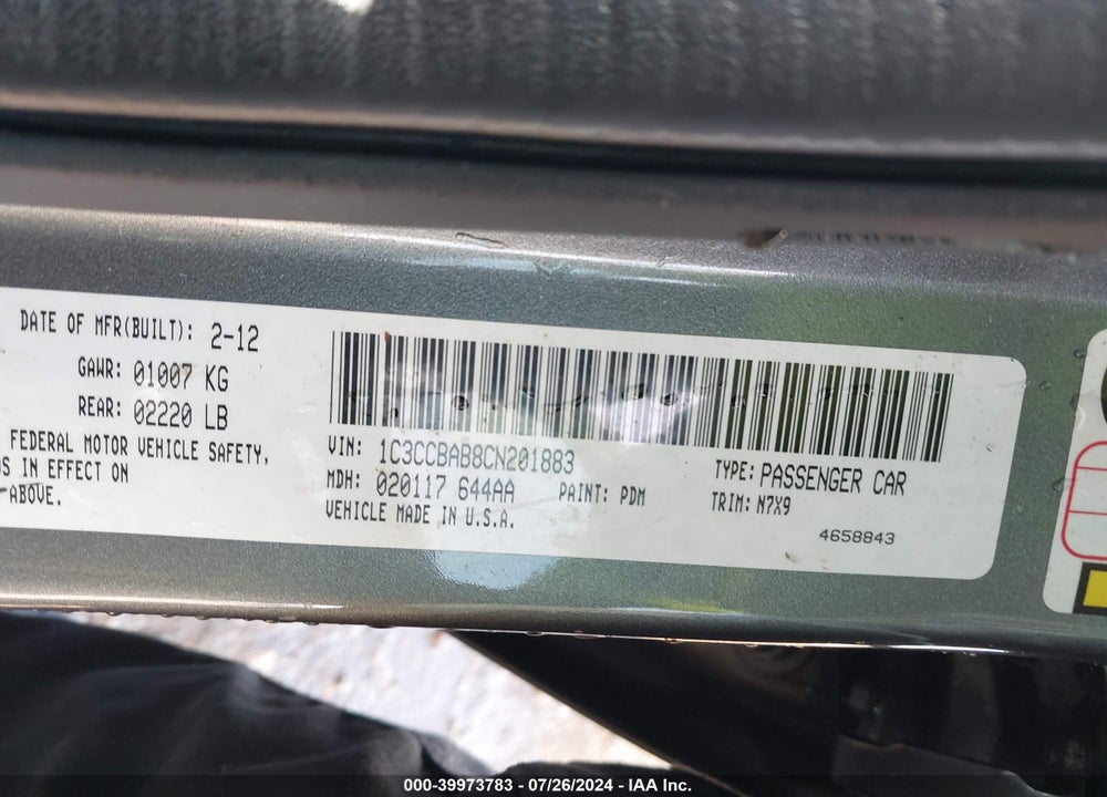 2012 CHRYSLER 200 LX VIN: 1C3CCBAB8CN201883