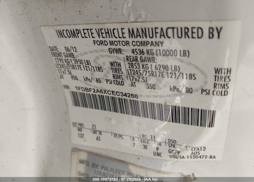2012 FORD F-250 XL VIN: 1FDBF2A6XCEC34266