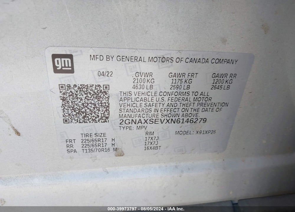 2022 CHEVROLET EQUINOX AWD LS VIN: 2GNAXSEVXN6146279