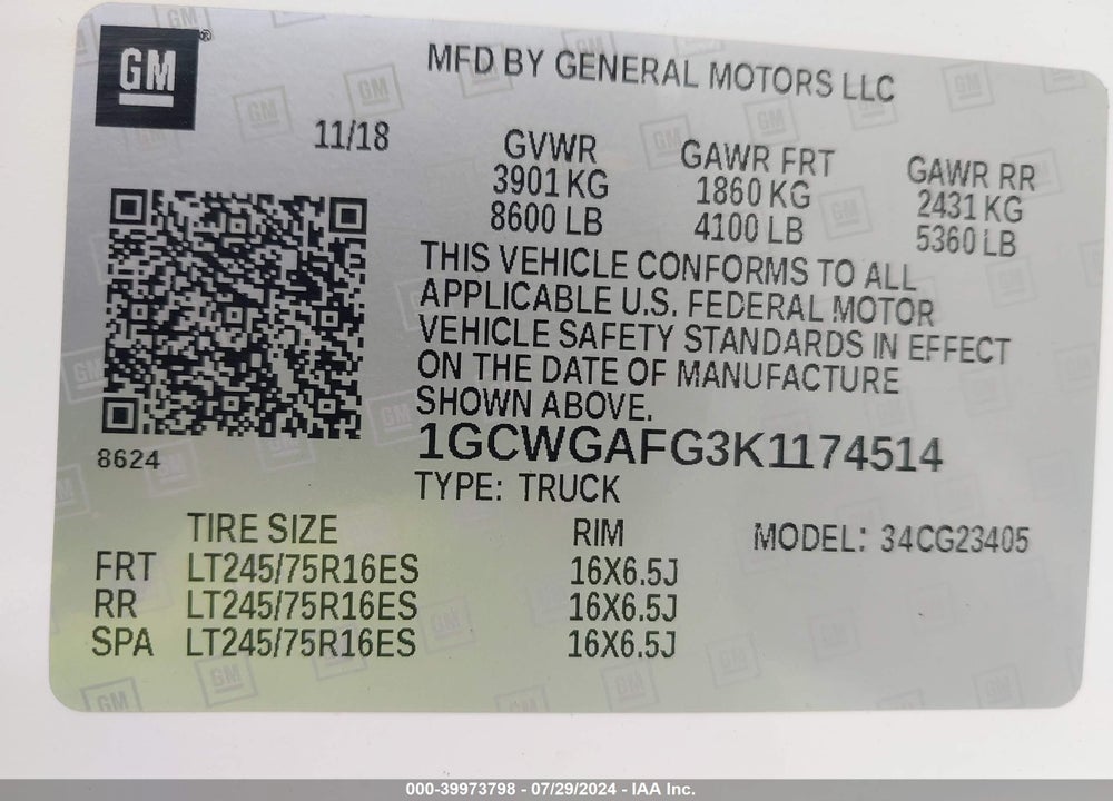 2019 CHEVROLET EXPRESS 2500 WORK VAN VIN: 1GCWGAFG3K1174514