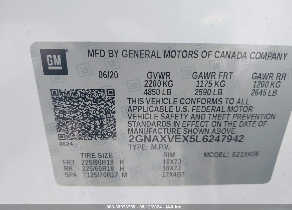 2020 CHEVROLET EQUINOX AWD LT 2.0L TURBO VIN: 2GNAXVEX5L6247942