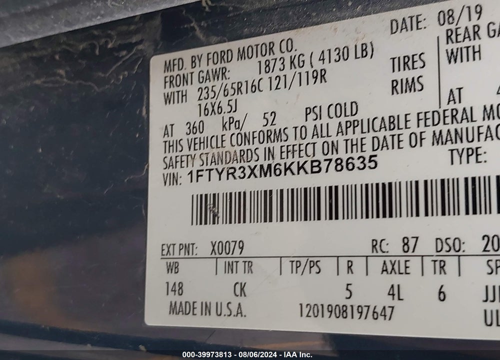2019 FORD TRANSIT-250 VIN: 1FTYR3XM6KKB78635