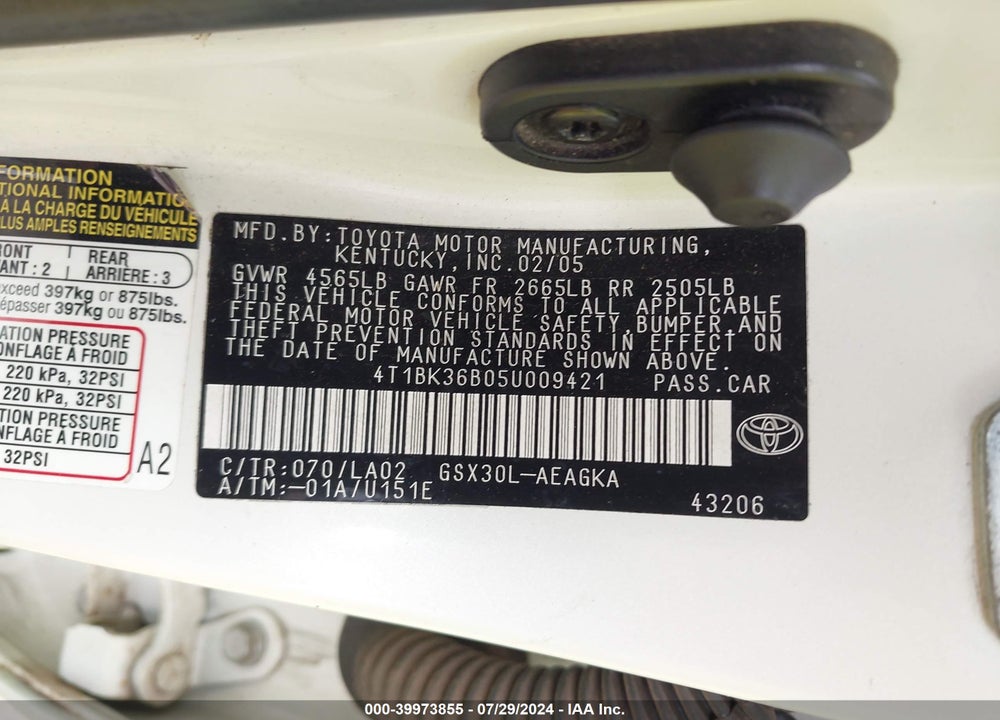 2005 TOYOTA AVALON XLS VIN: 4T1BK36B05U009421